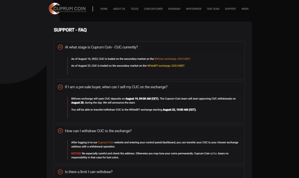 We ask all our users, who withdraw CUC to exchanges, to read our Support/FAQ page&nbsp;first.