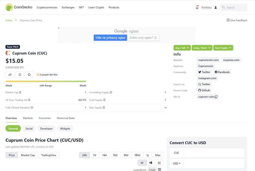 Cuprum Coin CUC is listed on&nbsp;CoinGecko